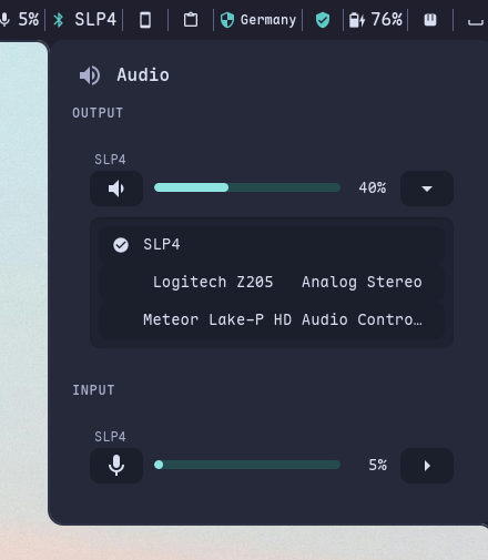 Audio mixer — per-app volume and output device ports