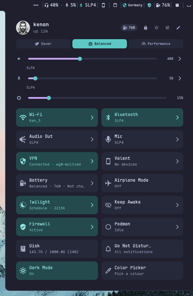 Control Center — quick toggles, sliders, and session controls