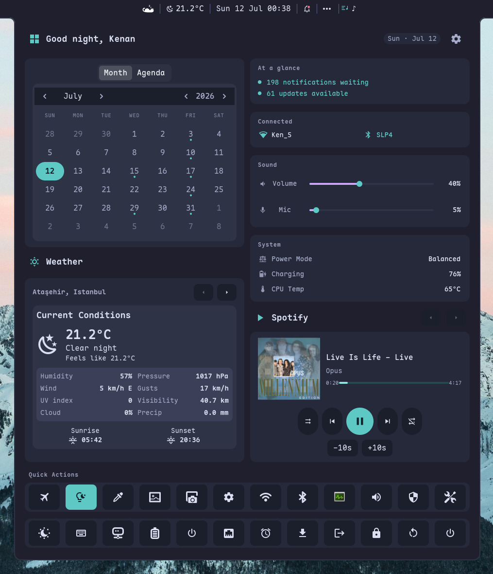 Dashboard — clock, calendar, weather, media, and quick-settings in one panel
