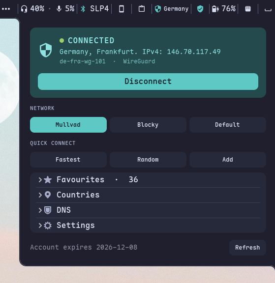 DNS / VPN — one-tap switching between presets