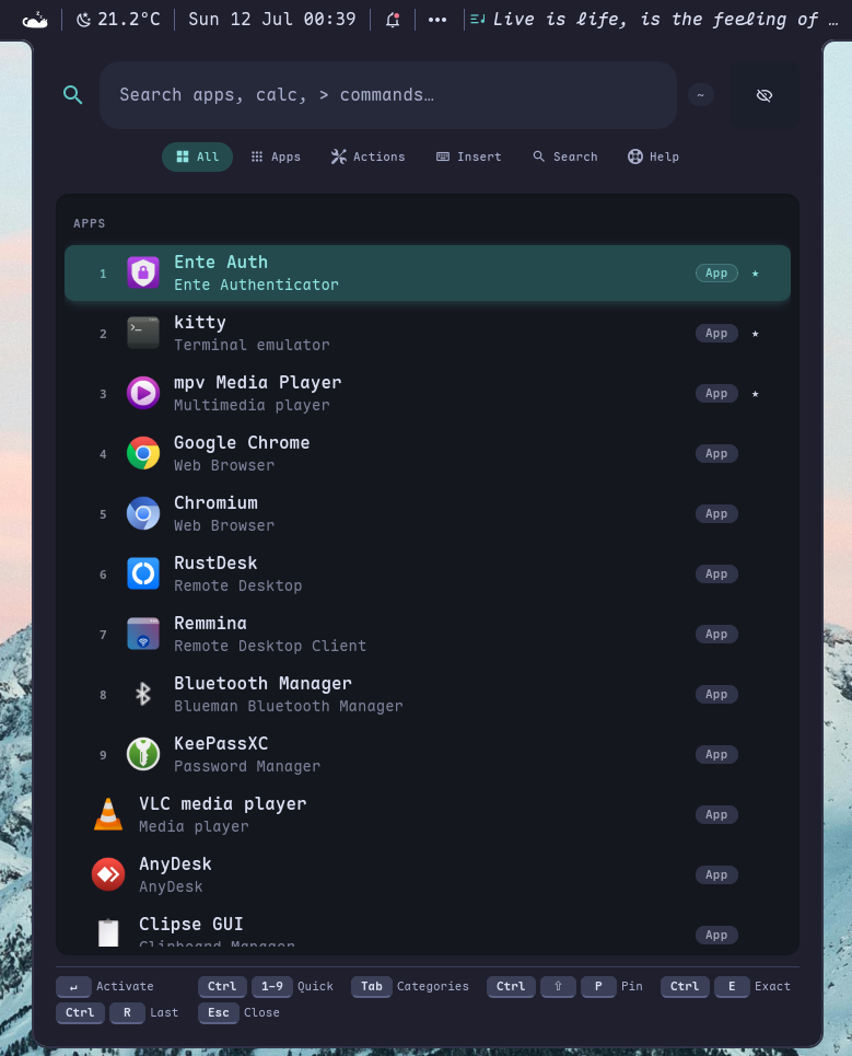 App launcher — fuzzy apps with frecency, plus ~15 providers and category tabs