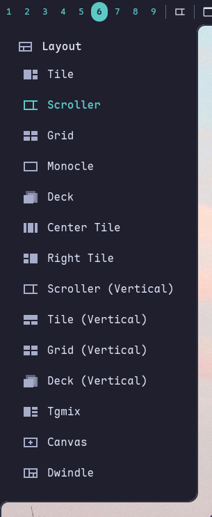 Tiling layouts — 11 layouts, remembered per tag