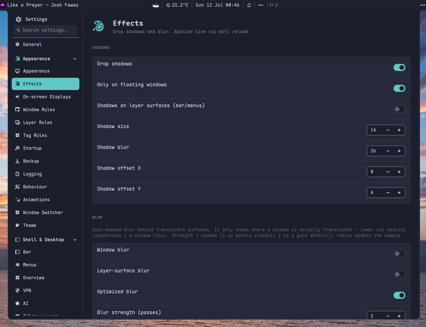 Settings — the shell and the compositor's config.conf, with a flat name search