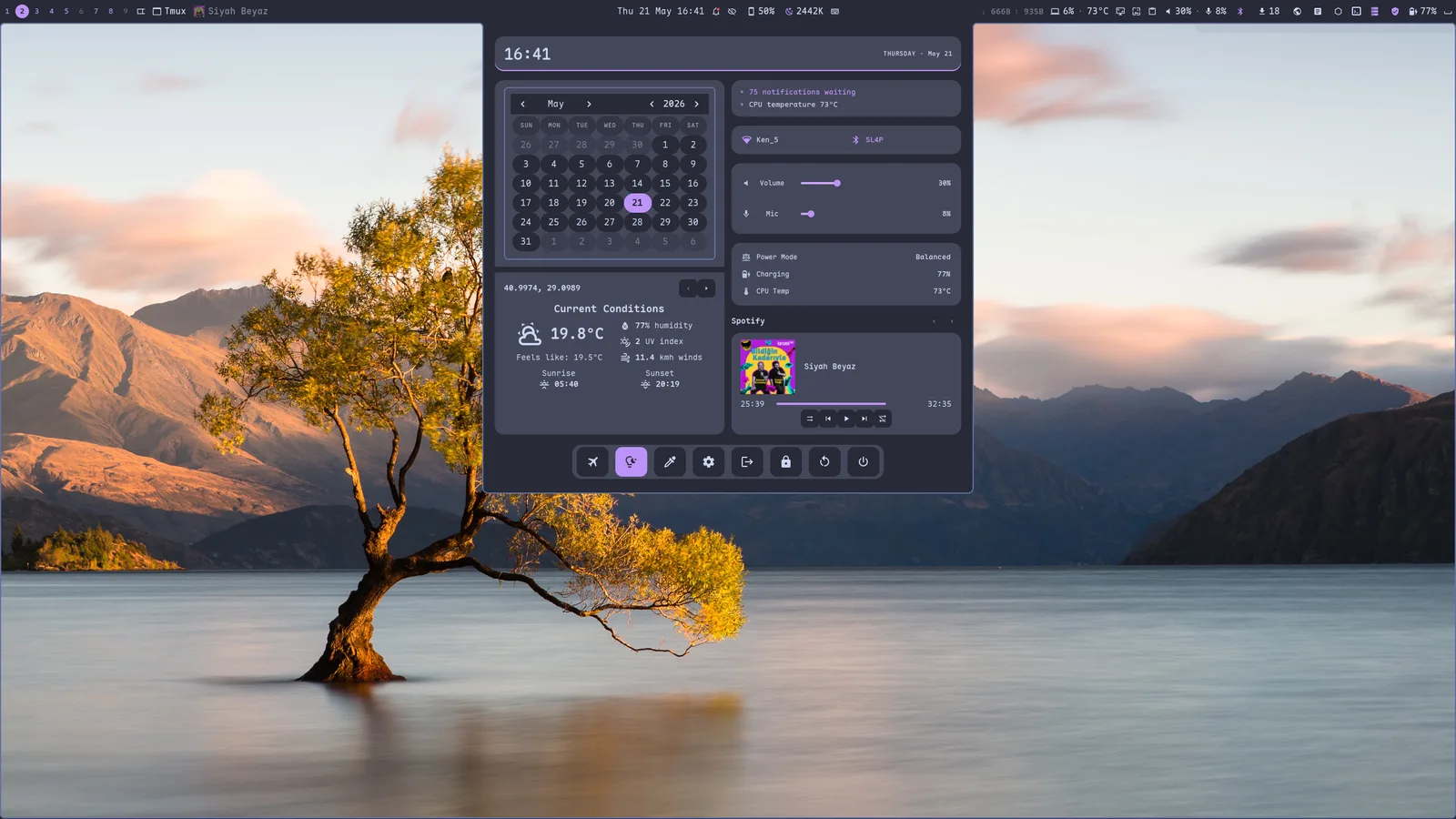 Dashboard — clock, calendar, weather, quick-settings sliders, and media in one panel