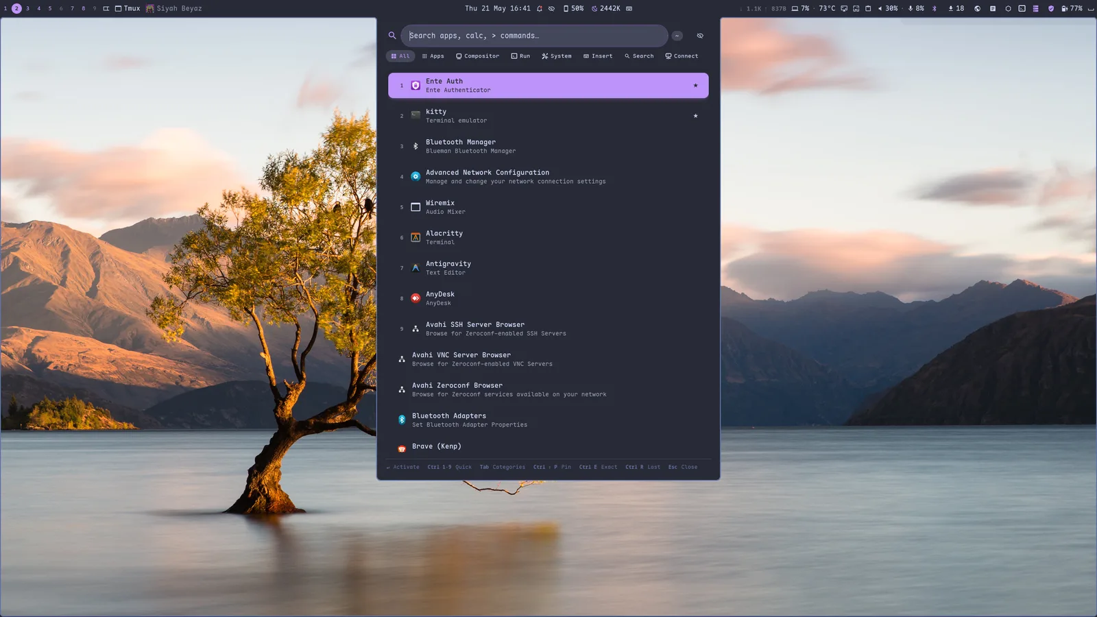 App launcher — fuzzy apps with frecency, plus ~15 providers and category tabs