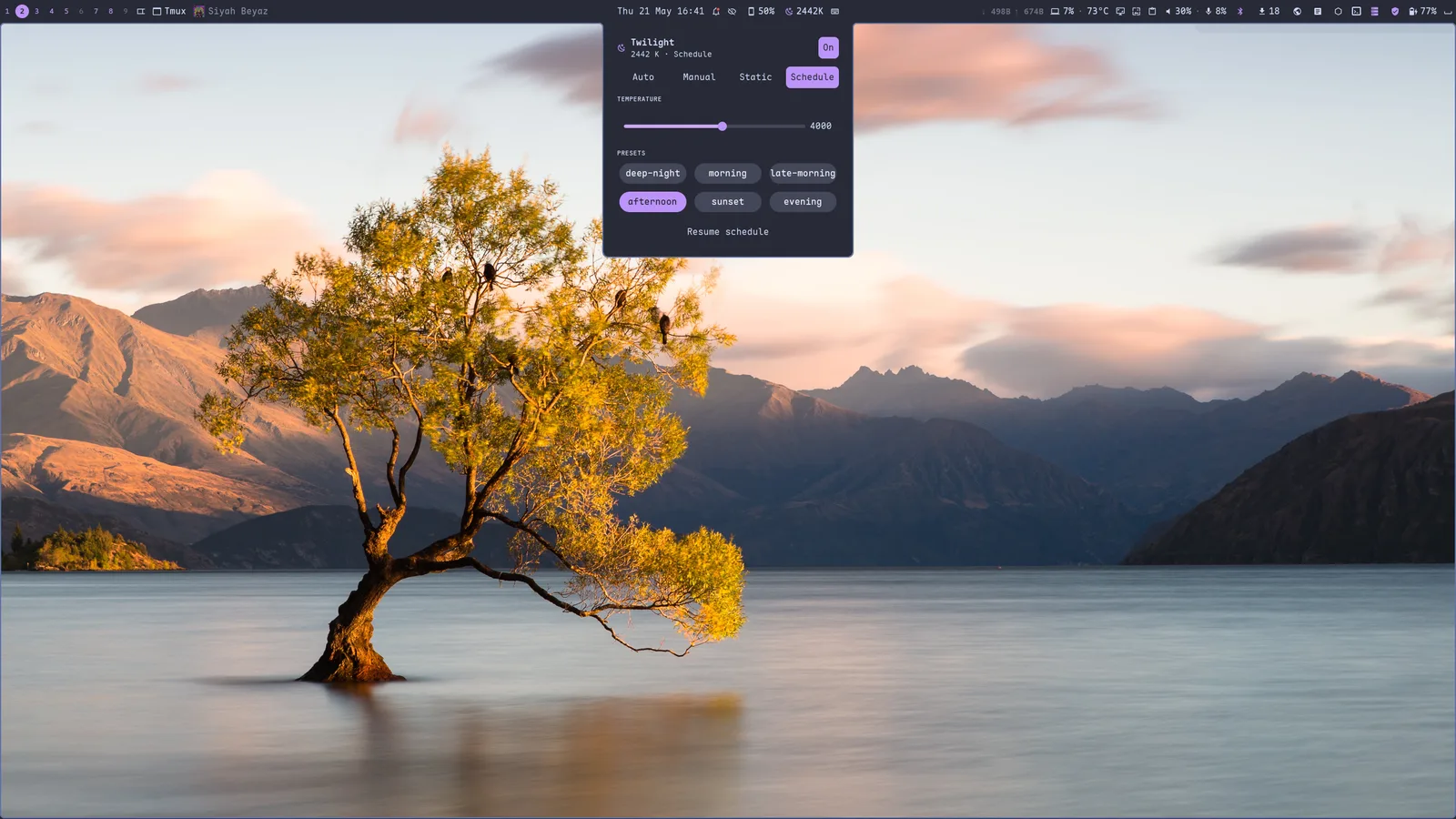 Twilight — the built-in blue-light filter with schedule presets