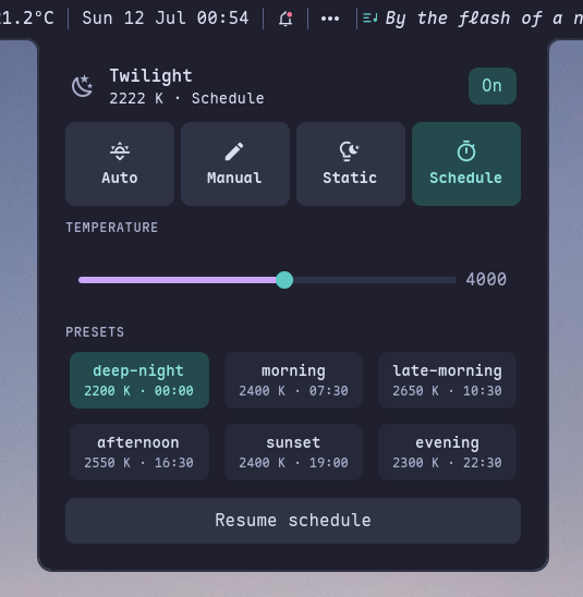 Twilight — the built-in blue-light filter with schedule presets