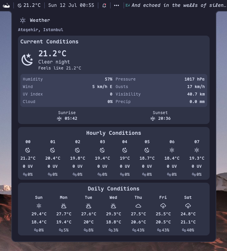 Weather — current conditions plus an hourly and daily forecast
